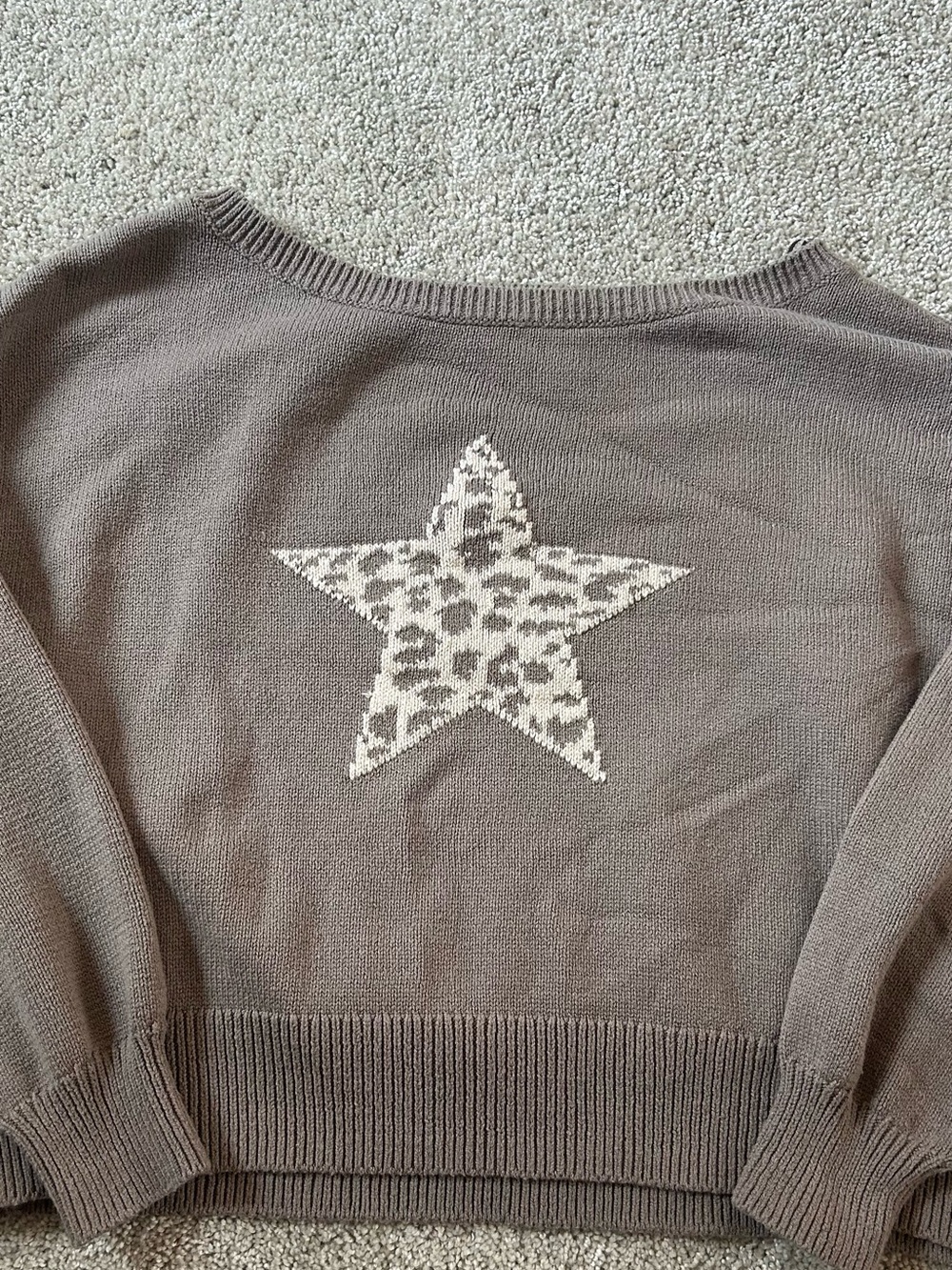 Hollister Taupe Off-the-Shoulder Sweater with Cream Leopard Star